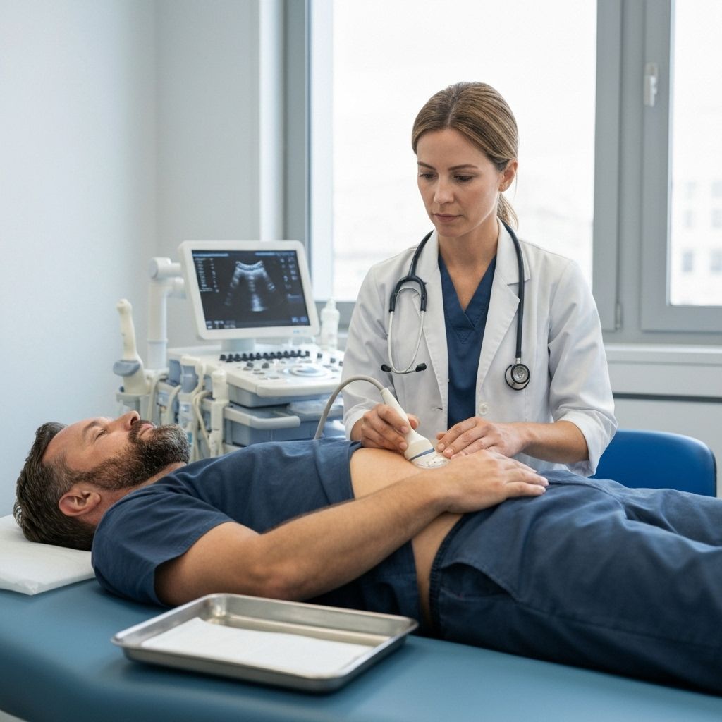 Paciente masculino realizando exame de ultrassom com transdutor